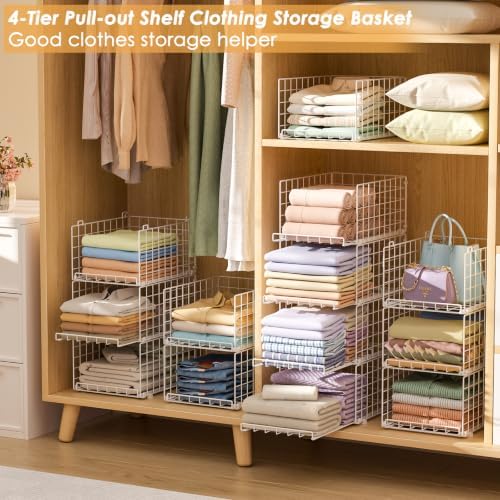 Yociyoga 4-Tier Stackable Closet Storage Shelves, Pull-Out Closet Shelf and Storage Basket Anti-Tipping, Space-Saving Clothes Storage Drawer for Closet System, Wardrobe, Bedroom & Dorm, White - Image 5