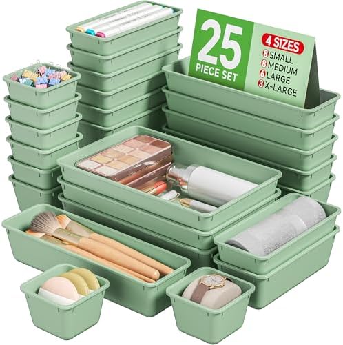 KEMETHY 25 PCS Plastic Drawer Organizers Set, 4 Sizes Vanity Organizer, Makeup and Desk Drawer Organizer Trays, Organization and Storage for Makeup, Bathroom, Kitchen Utensils and Office (Green) by KEMETHYFocusesonCreatingEfficientStorageProductswithQualityMaterials