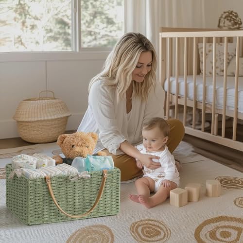 HBlife Large Baby Diaper Caddy Organizer Green, Paper Rope Storage Baskets Nursery Bin with Removable Divider, Portable Car Organizer for Diapers, Baby Shower Gifts, Newborn Essentials Must Haves - Image 5