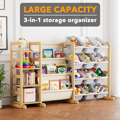 SpaceAid 3-in-1 Toy Storage Organizer with 4 Shelves and 12 Bins, Toy Organizers Storage 3-Tier Bookshelf, Kids Bin Shelf Box Bookcase for Bedroom Playroom Organization Room Decor, Neutral Gray - Image 2