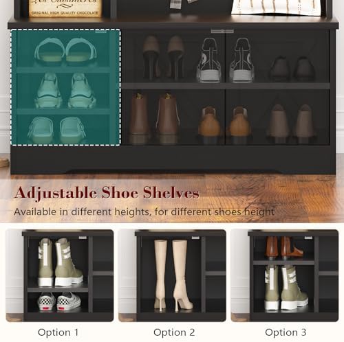 Black Hall Tree with Bench and Shoe Storage, Entryway Bench with Coart Rack - Image 3