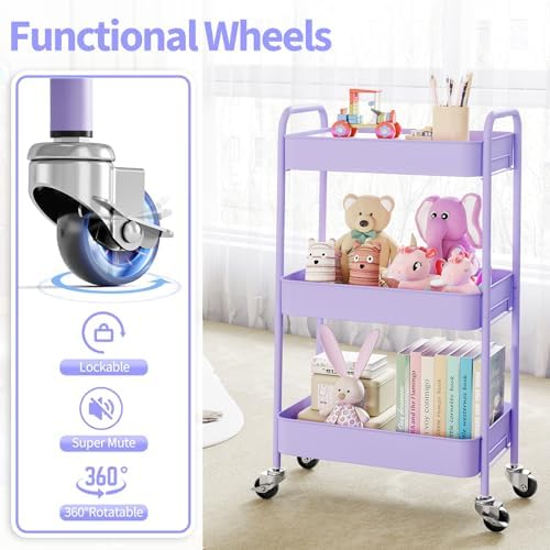 TOOLF 3 Tier Metal Rolling Cart, Utility Storage Cart with Wheels, Purple - Image 5