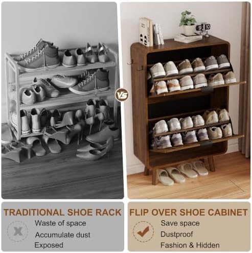 3imothrix Fluted Shoe Cabinet for Entryway with 2 Flip Drawers, Walnut - Image 5