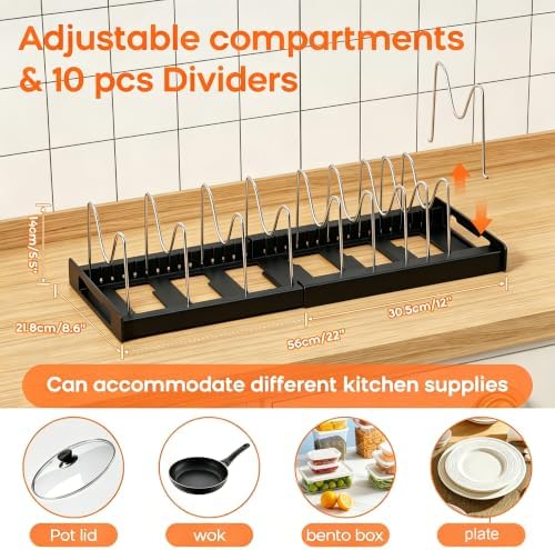 Nigelia Pots and Pans Organizer for Under Cabinet 22" Expandable Food Storage Container Lid Organizers with 10 Adjustable Dividers Pot and Pan Lid Holders Rack Inside Cabinet&Kitchen Countertop(Black) - Image 4