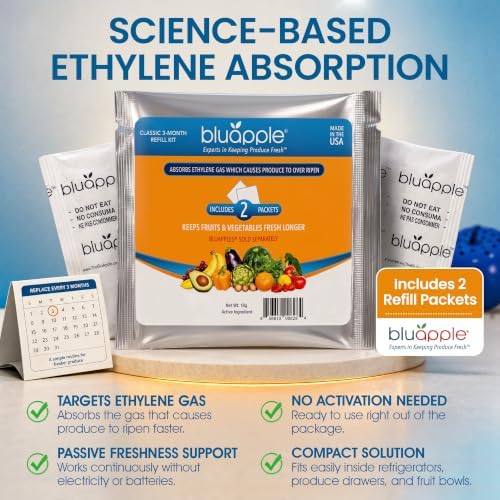 Bluapple Produce Saver Ethylene Gas Absorber - Fresh Fruit & Vegetable Storage for Refrigerator, Each Packet Lasts 3 Months, Produce Storage, BPA Free - Combo Pack (8 Packets & 2 Bluapples for 1 Year) - Image 6