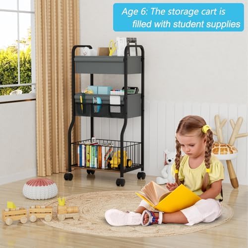 3-tier Baby Diaper Caddy Organizer and Storage Cart with 4+3 Dividers, Metal Utility Cart with Lockable Wheels for Nursery, Bedroom, Bathroom, Black - Image 4