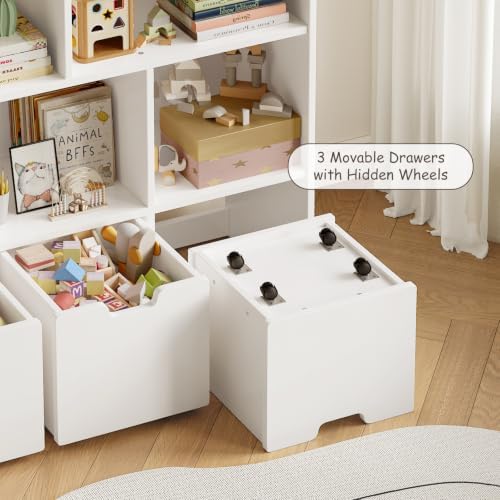 EXPERLAM Toy Storage Organizer, Wooden Kids Bookshelf and Toy Organizer with 3 Rolling Drawers, 5 Storage Cubes, Montessori Playroom Storage Cabinet, White - Image 3