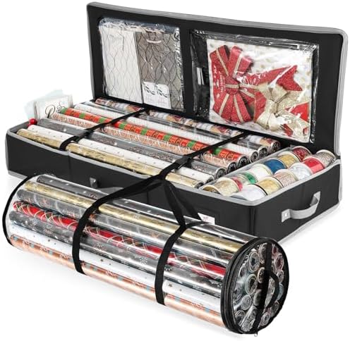 Hearth & Harbor Wrapping Paper Storage Container and Clear Wrap Paper Holder - Christmas Storage Bag with Interior Pockets - Fits Up to 36 Rolls of 40" - Tear Proof, Black by HearthHarbor