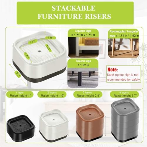 4 Pack Furniture Risers 3 Inch, Adjustable Bed Risers Heavy Duty for Table Desk Couch Chair Sofa Cabinet Bed Legs Dorm, Square Stackable Bed Raisers Blocks Lift Height 1", 2",3"or 4", White - Image 2