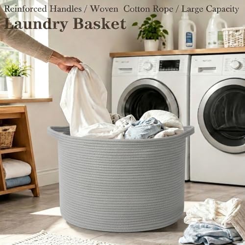 65L Large Blanket Basket,Woven Rope Laundry Basket-Light Gry - Image 5