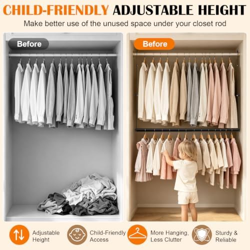 Adjustable Closet Rods for Hanging Clothes, Heavy-Duty Metal Hanging Closet Rod Extender, Clothes Hanging Bar with 9 Height Adjustments, Space-Saving Closet Hanging Storage Organizer - Image 5