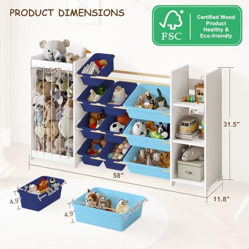 EXPERLAM 3-in-1 Kids Toy Storage Organizer, White Solid Wood, Blue Bins - Image 2
