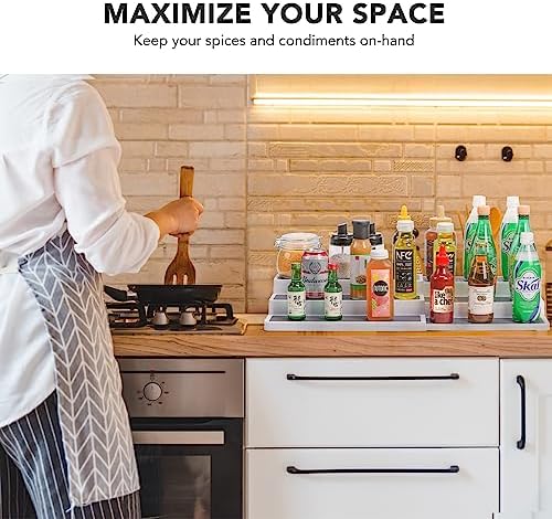 CiWiVOKi 3 Tier Expandable Spice Rack Organizer, Plastic Spice Rack, Adjustable Length 14.6In-25.8In, Non-Skid Tiered Spice Shelf Organizer for Kitchen Cabinet, Cupboard, Pantry, White/Grey - Image 4