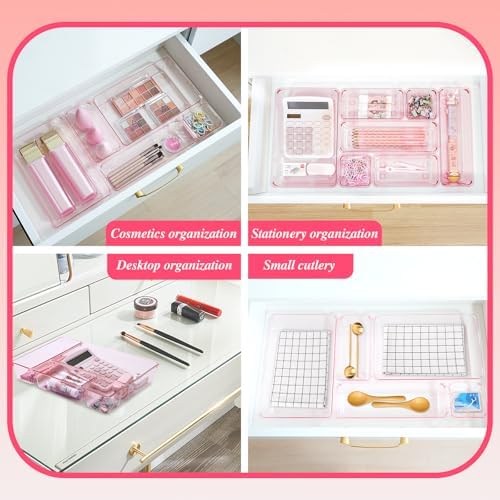 Kitchen Desk Drawer Organizers Storage for Office, Small Acrylic Vanity Trays Makeup Organizer for Drawer Bathroom Plastic Make up Organizers 25 Pcs Pink - Image 3