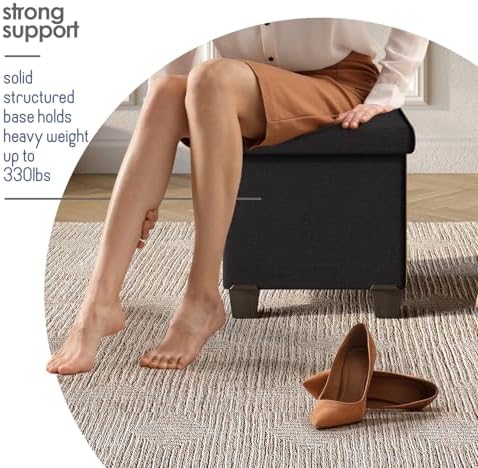 Storage Ottoman Cube with Small Bin, 15-in Square Ottoman with Storage for Living Room and Bedroom, Small Ottomans Foot Rest, Fabric Foot Stools Ottomans Max 330lbs, Black - Image 5