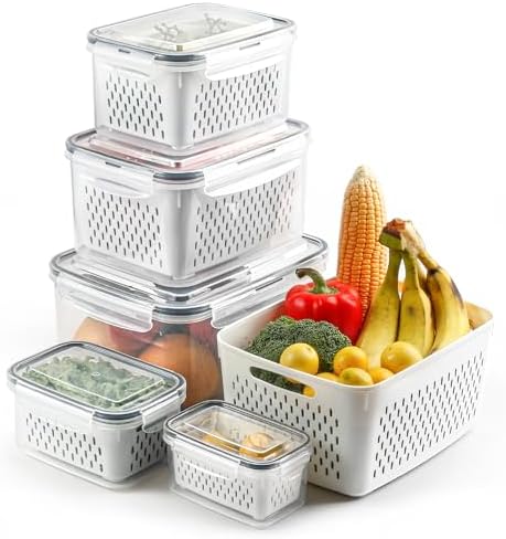 5 Set Fruit Storage Containers for Fridge with Colander, Produce & Veggie by Unknown