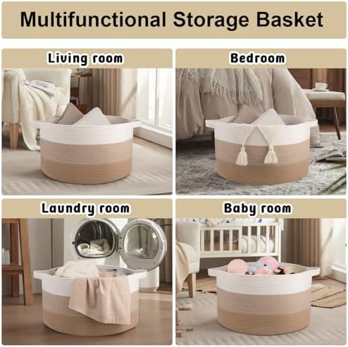 OIAHOMY 90L Extra Large Blanket Basket - Decorative Cotton Rope Storage Basket for Bedroom, Living Room & Nursery - Woven Laundry Hamper for Organizing Blankets, Clothes & Toys - Gardient Light Brown - Image 4