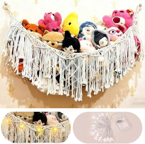 Stuffed Animal Hammock or Net With LED Lights Extra Large Wall Hanging Stuffed Animal Storage Nets for Teddy Bear Handmade Macrame Hanging Toy Net Hammock for Stuffed Animal Storage (Beige) - Image 2