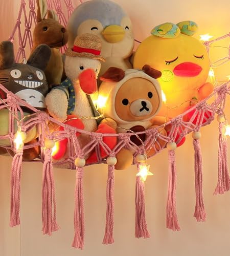 Stuffed Animal Storage Hammock Corner with LED Light - Toy Hanging Organizer Plushie Net - Pink Room Decor for Teen Girls - Cute Bedroom Aesthetic Nursery Kids Baby Toddler - Image 3