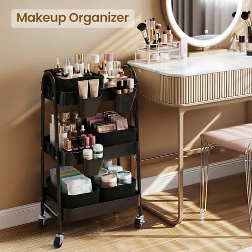 3-Tier Rolling Utility Cart with 4 Woven Baskets, Diaper Book Snack Cart, Storage Organizer for Nursery, Kitchen, Craft Room, Home SPA, Living Room, Metal Frame Trolley on Lockable Wheels, Black - Image 6