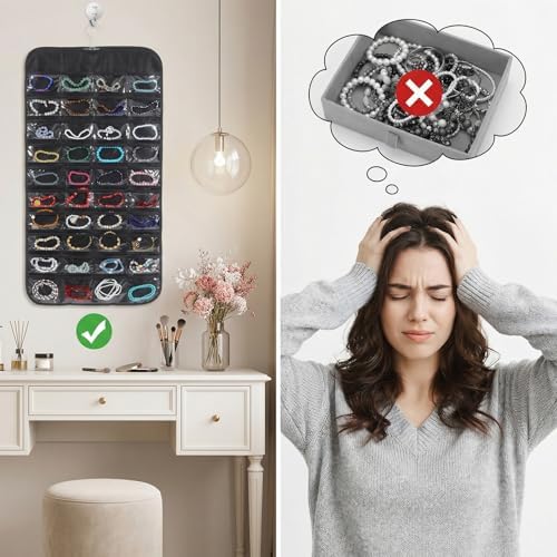 4 Pack Black Hanging Jewelry Storage with 80 Pockets, Double-Sided Closet Jewelry Organizer Hanging for Earrings, Necklaces, Rings, Bracelets - Image 5