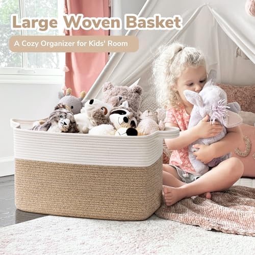Goodpick Large Woven Rope Blanket Basket, Rectangle, White & Light Brown - Image 2