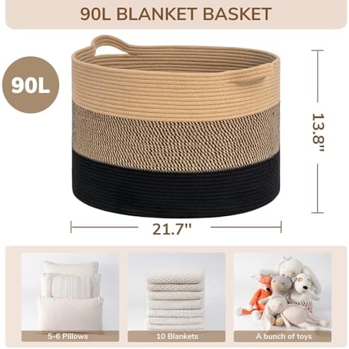 INDRESSME XXXLarge Woven Rope Blanket Basket Living Room, 90L - Image 3