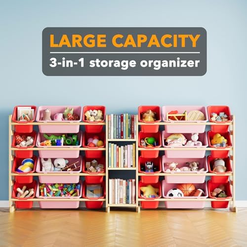 SpaceAid Large Toy Storage Organizer with 24 Bins and 3 Shelves, Toy Organizers Storage Bookshelf, Kids Bin Shelf Box Bookcase for Bedroom Playroom Organization Room Decor, Red and Pink - Image 3