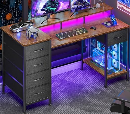 Korfile 47 Inch Computer Desk with Power Outlets,LED,5 Drawers,Rustic Brown by Korfile