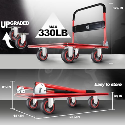 Wellmax Push Cart Dolly, Foldable Moving Platform Flat Cart, 330 lb, Red - Image 3