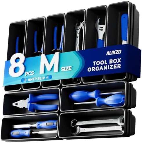 8 PCS Medium Tool Box Organizer Trays & Desk Drawer Organizer Bins for Toolbox and Workbench, Slim Tray Dividers for Hex Keys, Driver Bits, Small Hand Tools and Desk Supplies (M_8PCS_Black) by ALIKZO