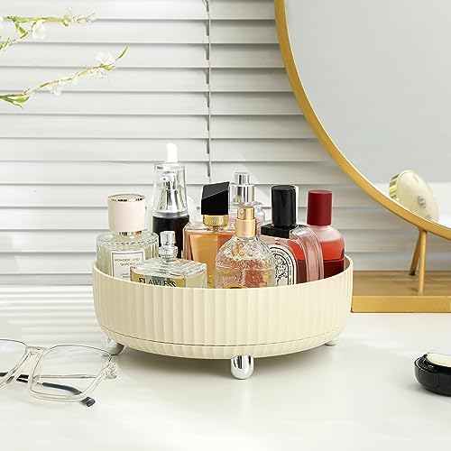 360 Rotating Makeup Perfume Organizer Skincare Tray, Small Beige - Image 4