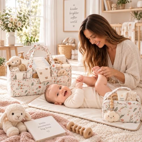 PeraBella Baby Diaper Caddy Organizer 3 Pcs Set, Floral Baby Basket Shower Gift, Nursery Organizer Basket for Newborn Boy Girl Essential Items, Changing Table Organizer Caddy for Baby Stuff, Car Caddy - Image 3