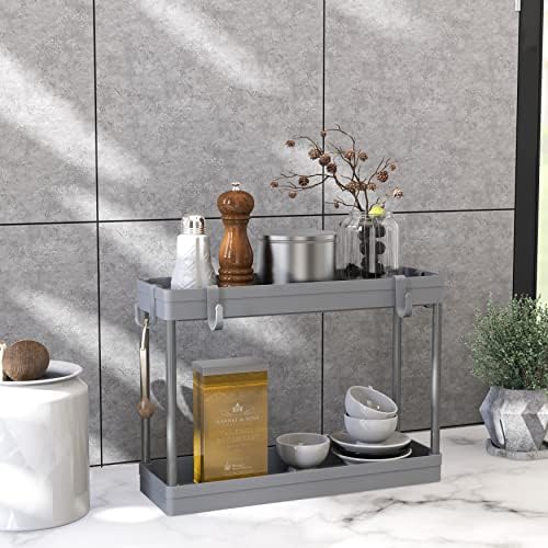 Simple Houseware 2-Tier Under Sink Organizer Storage Tray with Hooks, Grey - Image 4