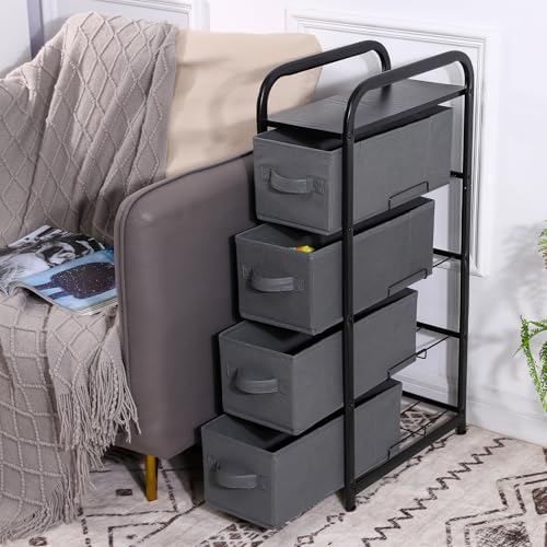 MAX Houser 4 Drawer Narrow Dresser Fabric Storage Tower Vertical Slim Storage Chest Organizer Nightstand Side/End Table Small Standing Organizer Removable Drawers Wood Top for Bedroom, Bathroom（Grey - Image 5