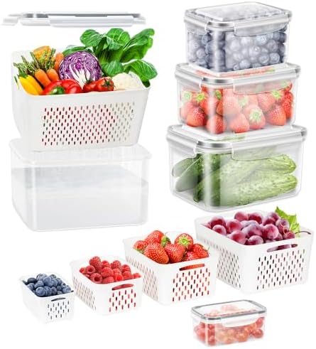 5 Pack Fruit Storage Containers for Fridge with Removable Colander, Produce Containers BPA-free Fridge Organizer to Keep Berry Lettuce Vegetable Fresh, Dishwasher & Microwave Safe by Elwichen