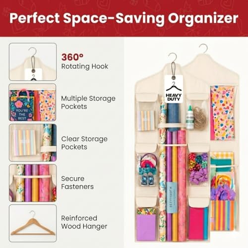 Wrapping Paper Organizer Storage – Double-Sided Hanging Gift Wrap Holder with Wooden Hanger – Over the Door or Closet Storage for Gift Bags with Pockets – For Christmas, Birthdays & Special Occasions. - Image 3