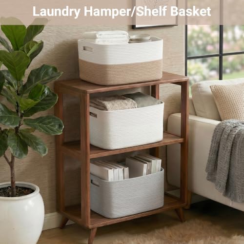 75L Blanket Basket, Large Cotton Rope Woven Storage Basket with Handles for Blankets, Pillows, Toys and Clothes, Rectangle Laundry Hamper for Living Room, Nursery, Brown/White, 22x17x12 inch - Image 5