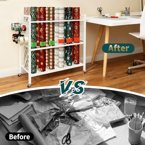 Wrapping Paper Organizer Storage with Wheel Cart, 18 Slap Bands & 6 hooks - Image 5