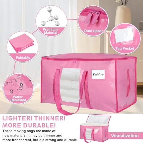 12 Pack Extra Large Moving Bags Heavy Duty 180GSM,130LBS 100L Totes with Visible Window, Zippers & Wrap-Around Handles, Waterproof Reusable, Alt to Moving Boxes, Pink - Image 4