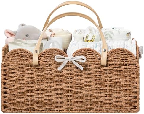 HBlife Large Baby Diaper Caddy, Paper Rope Storage Baskets Nursery Bin with Removable Divider, Portable Car Organizer for Diapers, Baby Shower Gifts, Newborn Essentials Must Haves by HBlife