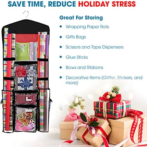 ProPik Hanging Double Sided Wrapping Paper Storage Organizer With Multiple Pockets Organize Your Gift Wrap, Gift Bags Bows Ribbons 40"X17" Fits 40 Inch Rolls Clear PVC Bag (Black) - Image 5