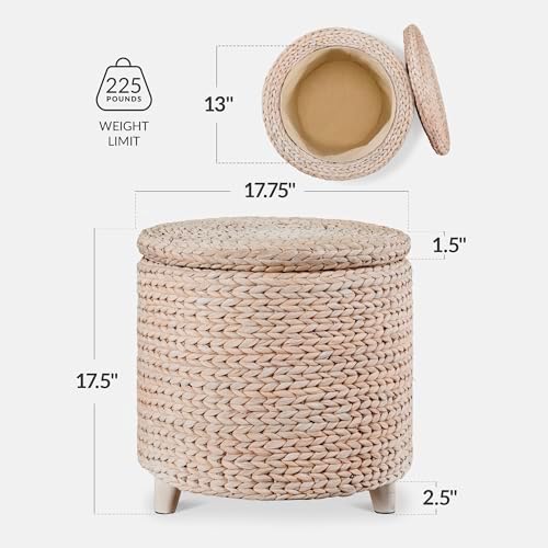 Best Choice Products 17" Round Storage Ottoman W/Lid, Handwoven Water Hyacinth Footstool, Footrest w/Wooden Legs, Accent Side Table, Storage Container, Plant Stand - Whitewash - Image 2
