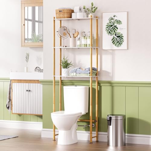 AmazerBath Bamboo Over The Toilet Storage Shelf, 3-Tier Bathroom Storage Organizer Shelf, Above Toilet Storage Rack, Space Saver, White and Natural Color by AmazerBath