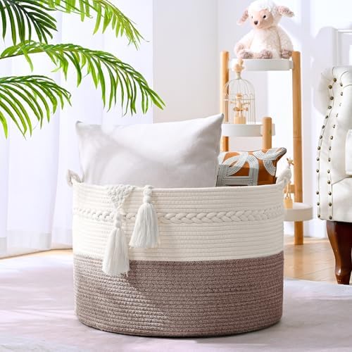 67L Large Blanket Basket, 20"x13" Woven Storage Baskets With Handle, Cotton Rope Blanket Basket Living Room, Baby Laundry hamper for Blanket, Nursery, Toy, Pillow (White & Oatmeal) - Image 3
