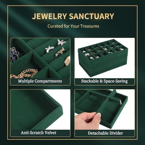 8 Pcs Jewelry Drawer Organizers, Velvet Jewelry Trays for Drawer, Stackable Jewelry Trays, Ideal for Rings, Earrings, Bracelets, Necklaces, Green - Image 3