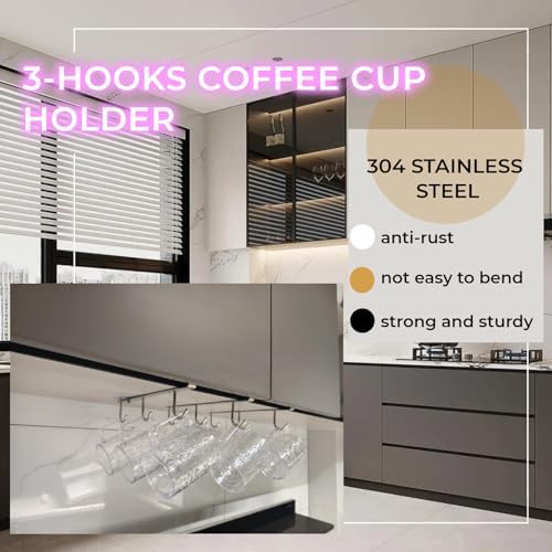 Mug Hooks Under Cabinet , 304 Stainless Steel Cup Hooks for Hanging Under Shelf, Mug Organizer Rack with 6 Hooks for Displaying Mugs, Coffee Cups and Kitchen Utensils,Fit for 0.8" or Less thickness - Image 3