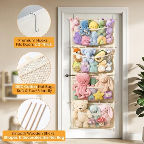 Over Door Large-Capacity Stuffed Animal Storage with Metal Hook & Wooden Stick, Hanging Plush Animal Bear Doll Toy Organizer Net Hammock Behind Door, Boho Nursery Dorm Bedroom Decor for Girl Boy Kid - Image 3