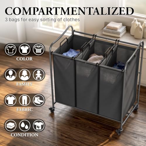 Simple Houseware Heavy Duty 3-Bag Laundry Sorter Rolling Cart, Dark Grey - Image 7