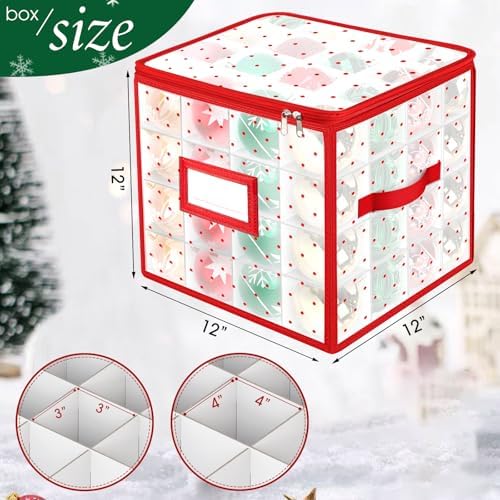 BlessedSeason Christmas Ornament Storage Box With Adjustable Dividers, Store up to 64 of 3-inch or 36 4-inch Christmas Ornaments, Xmas Ornaments Storage with Zippered Closure & Two Handles, 2 Pcs - Image 2